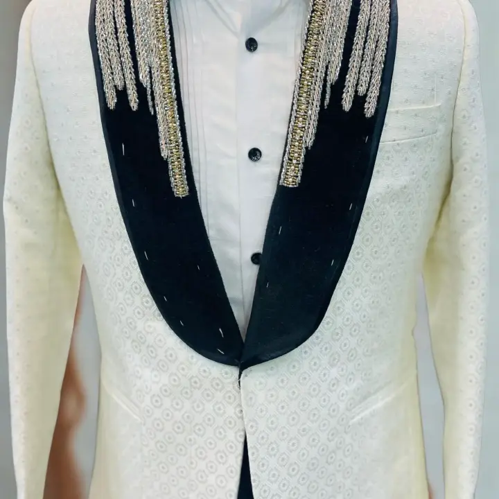 Men’s Luxury Ivory White Jacquard Blazer with Crystal Embellished Shawl Lapel